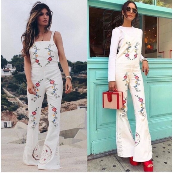 Fillyboo At the Heart Of It Embroidered Jumpsuit Overalls White Floral Size M